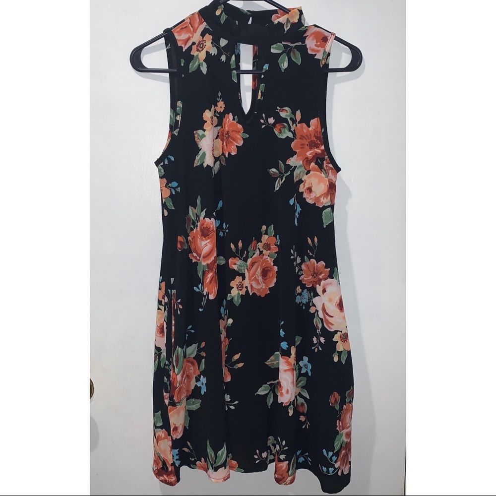 Black, sleeveless floral dress